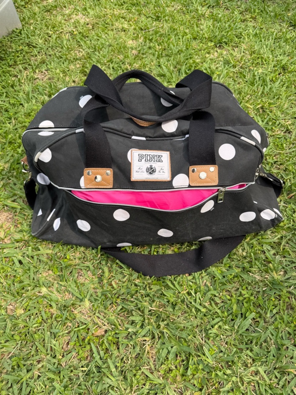 PINK Victoria's Secret Polka Dot Black & White Duffel Bag with Pink Lining Y2K